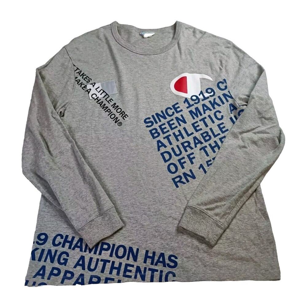 Champion Men’s XL Logo Tee Shirt Allover Design Long Sleeve Gray 100% Cotton